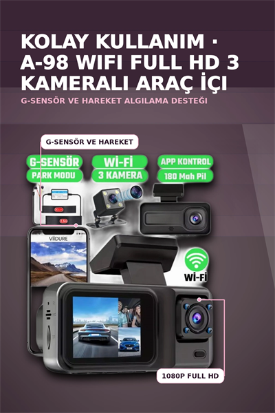 1080P Full HD 3 Kameralı Wi-Fi Bağlantılı Araç İçi Kayıt Cihazı ve Park Kamerası Seti