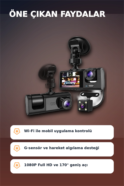 1080P Full HD 3 Kameralı Wi-Fi Destekli Araç İçi Yol Kayıt Kamerası 170 Derece Geniş Açı