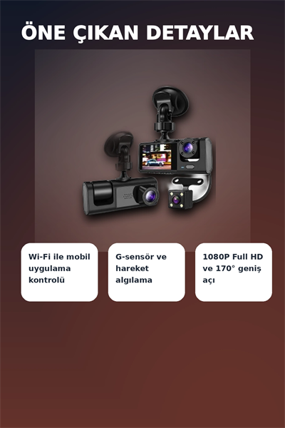 1080P Full HD 3 Kameralı Wi-Fi Destekli Araç İçi Yol Kayıt Kamerası 170 Derece Geniş Açı
