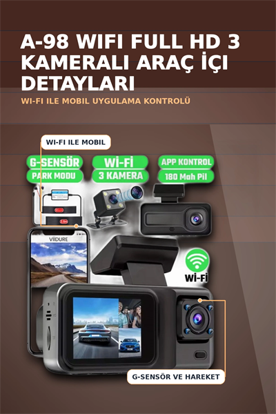 1080P Full HD 3 Kameralı Wi-Fi Destekli Araç İçi Yol Kayıt Kamerası 170 Derece Geniş Açı
