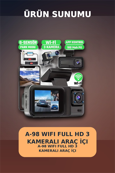 1080P Full HD 3 Kameralı Wi-Fi Destekli Araç İçi Yol Kayıt Kamerası 170 Derece Geniş Açı