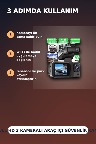 1080P Full HD 3 Kameralı Wi-Fi Destekli Araç İçi Yol Kayıt Kamerası 170 Derece Geniş Açı