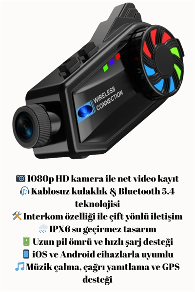 1080P Video Kayıt Özellikli, Su Geçirmez ve Bluetooth 5.4 Motorcu Interkom Kulaklığı
