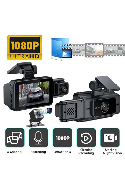 1080P çözünürlüklü gece görüşlü 3 kameralı araç içi video kayıt ve park monitörü