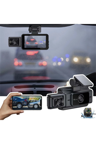 1080P çözünürlüklü gece görüşlü 3 kameralı araç içi video kayıt ve park monitörü