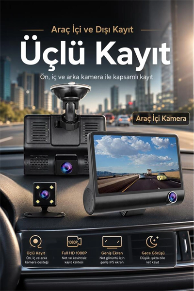 1080p 3 Kameralı Araç İçi Kamera Gece Görüşlü Geri Görüş Destekli G Sensörlü Geniş Açılı