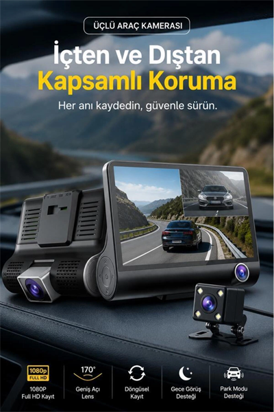 1080p 3 Kameralı Araç İçi Kamera Gece Görüşlü Geri Görüş Destekli G Sensörlü Geniş Açılı