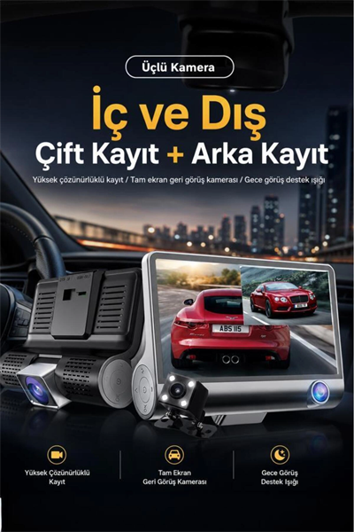 1080p 3 Kameralı Araç İçi Kamera Gece Görüşlü Geri Görüş Destekli G Sensörlü Geniş Açılı