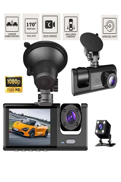 1080p 3 Kameralı Araç İçi Kamera IPS Ekranlı Ultra Geniş Açılı Gece Görüşlü G Sensörlü