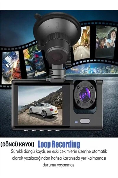 1080p 3 Kameralı Araç İçi Kamera IPS Ekranlı Ultra Geniş Açılı Gece Görüşlü G Sensörlü