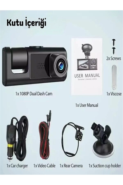 1080p 3 Kameralı Araç İçi Kamera IPS Ekranlı Ultra Geniş Açılı Gece Görüşlü G Sensörlü