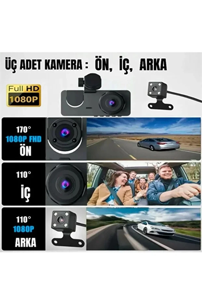 1080p Full Hd Çözünürlüklü Üç Kameralı Araç İçi Kamera - Park Ve Sürüş Güvenliği