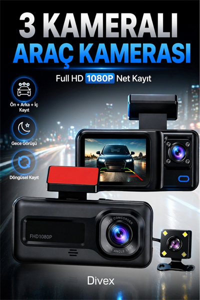 1080p HD 3 Kameralı Araç Kamerası Ön Arka İç Kayıt ve Park Destekli Gece Görüşlü