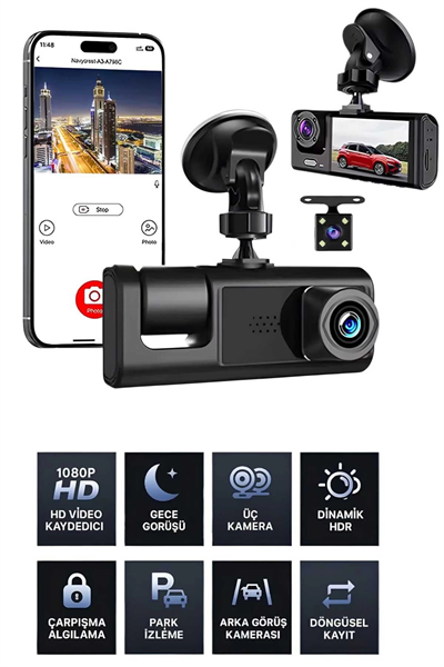 1080p Wifi Full Hd Araç Içi Kamera Arka Ön Iç Kayıt 3 Kamera Gece Görüşlü Gsensör Geniş Açı