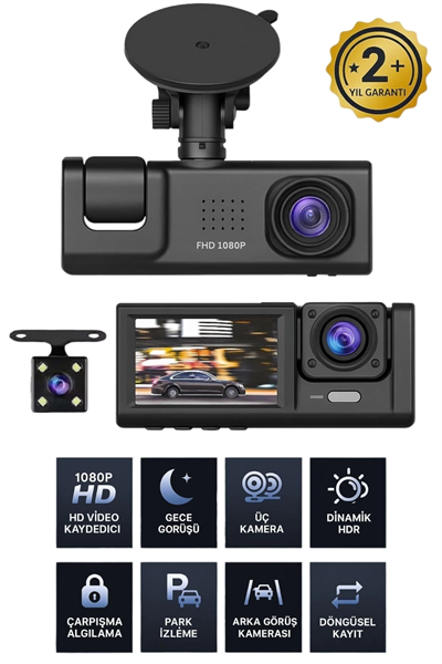 1080p Wifi Full Hd Araç Içi Kamera Arka Ön Iç Kayıt 3 Kamera Gece Görüşlü Gsensör Geniş Açı