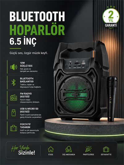10W Güçlü Ses Performanslı Bluetooth Karaoke Hoparlörü