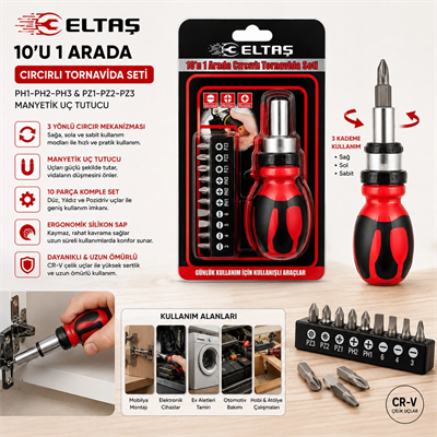 10ın1 Silikon Sap - Cr-v Cırcırlı Tornavida Bits Seti Ph1-ph2-ph-3 - Pz1-pz2-pz3 Manyetik Uç Tutucu Bx40