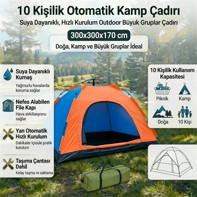10 kişilik Otomatik Kurulum Kamp Çadırı – Outdoor , Suya Dayanıklı Hızlı Kurulum Piknik Ve Doğa İçin Geniş Aile Çadırı 300x300x170 Cm Bx40