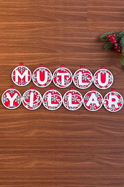 11 Harfli Kırmızı Beyaz İpli MUTLU YILLAR Yazılı Ahşap Yılbaşı Ağaç Süsü (3936)