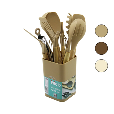 11pcs+kova Silikon Mutfak Seti Bambu Sap 3-kaşık- 3-spatula- 1-kevgir- 1-kepçe- 1-maşa- 1-çrpc- 1-frç Bx40