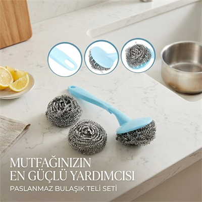 12 Adet 3+1 Bulaşık Top Teli Uzun Saplı Bx40