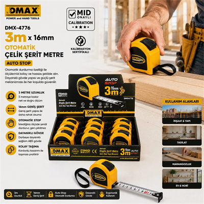 12 Adet 3mt X 16mm Otomatik Çelik Şerit Metre Stoplu Bx40