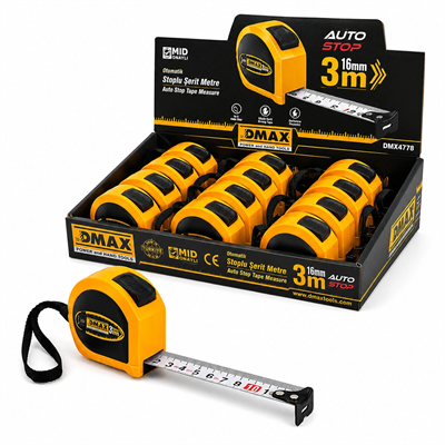 12 Adet 3mt X 16mm Otomatik Çelik Şerit Metre Stoplu Bx40