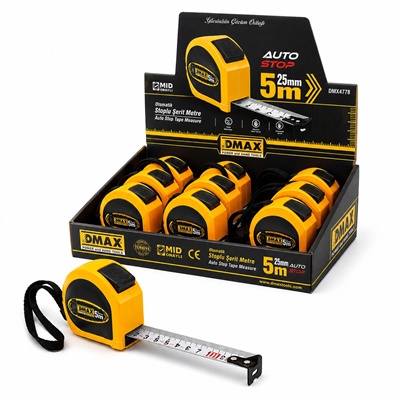 12 Adet 5mt X 25mm Otomatik Çelik Şerit Metre Stoplu Bx40