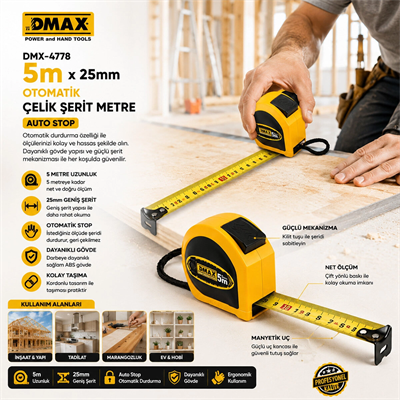 12 Adet 5mt X 25mm Otomatik Çelik Şerit Metre Stoplu Bx40