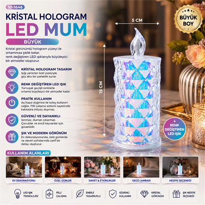 12 Adet Led Candle Kamp Büyük Boy= Çap:5cm - Y: 16cm Pilli Led Mum Mika Kristal Plastik Yakut-13637 Bx40