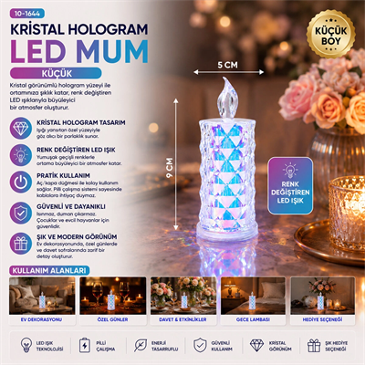 12 Adet Led Candle Kamp Küçük Boy= Çap:5cm - Y: 9cm Pilli Led Mum Mika Kristal Plastik Yakut-13635 Bx40