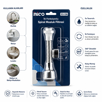 12 Adet Musluk Ucu Filtresi 2 Fonksiyonlu Spiralli Yaylı - 360° Derece Dönebilen Başlık 16-19mm Caşlık Çapı Bx40