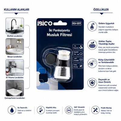 12 Adet Musluk Ucu Filtresi 2 Fonksiyonlu 360° Derece Dönebilen Başlık 16-19mm Caşlık Çapı Bx40