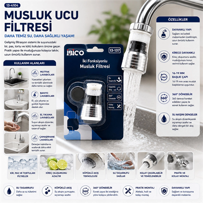 12 Adet Musluk Ucu Filtresi 2 Fonksiyonlu 360° Derece Dönebilen Başlık 16-19mm Caşlık Çapı Bx40
