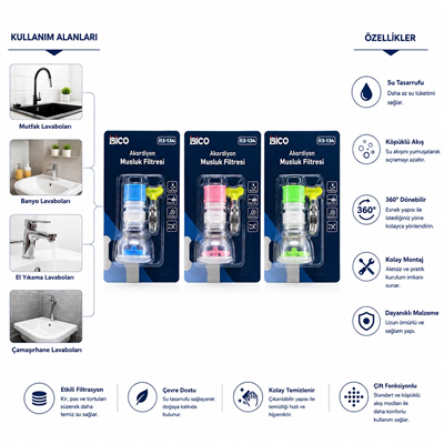 12 Adet Musluk Ucu Filtresi 2 Katmanlı - Taşlı - Pervaneli 360° 16-19mm Tüm Musluklara Bx40