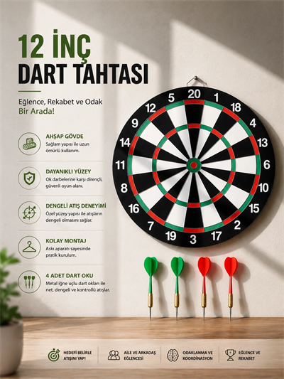 12 İnç Ahşap Dart Tahtası 4 Adet Metal Uçlu Dart Oku Dahil