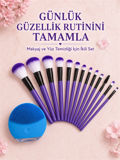 12 Parça Makyaj Fırçası ve Silikon Yüz Temizleyici Cihaz İkili Güzellik ve Kişisel Bakım Seti