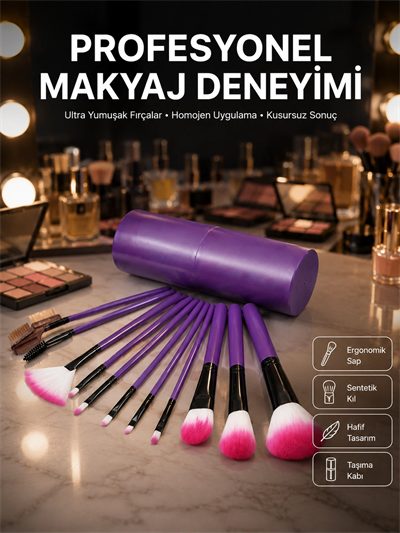 12 Parça Profesyonel Makyaj Fırçası Far Fırçası Allık Fırçası Yumuşak Kıllı