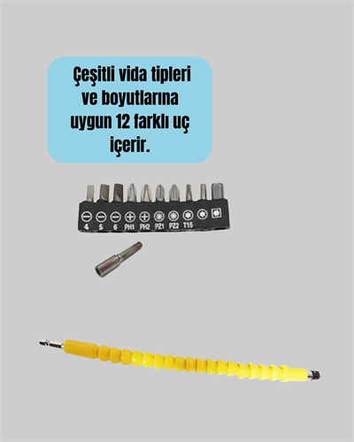 12 Parça Vidalama Uç Seti Akrobat Tasarım Dayanıklı Metal Yeni Nesil