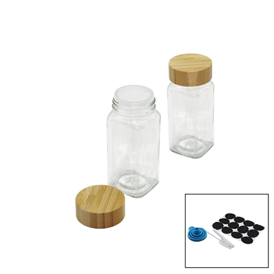12 Pcs Takım Kare Cam Baharatlık - Tuzluk Bambu Kapaklı Bx40