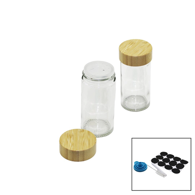 12 Pcs Takım Yuvarlak Cam Baharatlık - Tuzluk Bambu Kapaklı Bx40