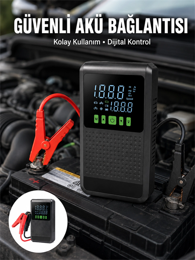 12.000 mAh Şarjlı Araç Akü Takviye ve Işıklı Hava Kompresörü Yeni Nesil