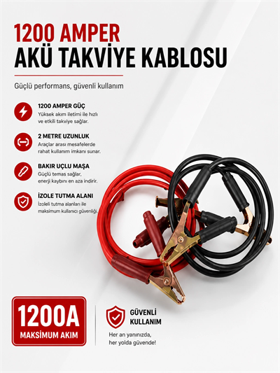 1200 Amper Akü Takviye Kablosu 2 Metre Bakır Uçlu