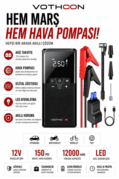 12000 Mah Akıllı Akü Takviye Ve Dijital Hava Pompası Akım Korumalı