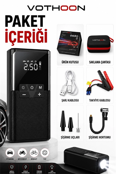 12000 Mah Akıllı Akü Takviye Ve Dijital Hava Pompası Akım Korumalı