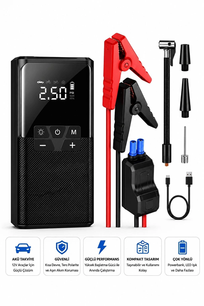 12000 Mah Akıllı Akü Takviye Ve Dijital Hava Pompası Akım Korumalı