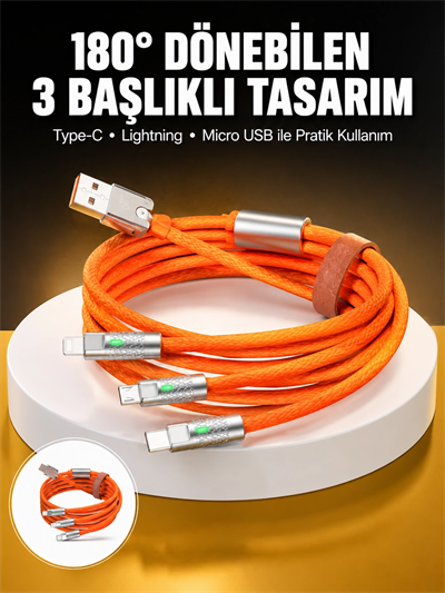 120W 3 İn 1 Uyumlu Silikon Şarj Kablosu Hızlı Şarj Kablosu