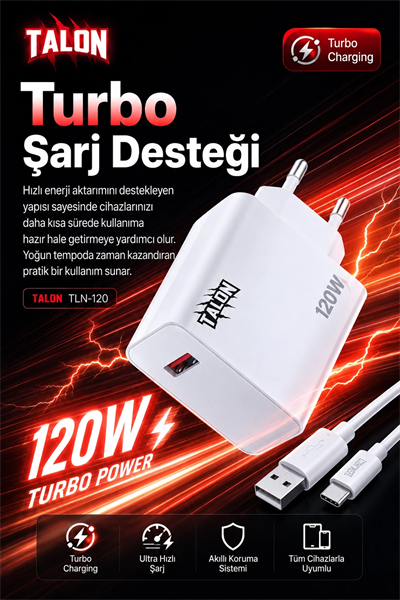 120W Hızlı Şarj Adaptörü Ve Kablo Seti Akıllı Çipli Güvenli Şarj Özellikli