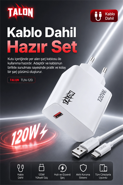 120W Hızlı Şarj Adaptörü Ve Kablo Seti Akıllı Çipli Güvenli Şarj Özellikli