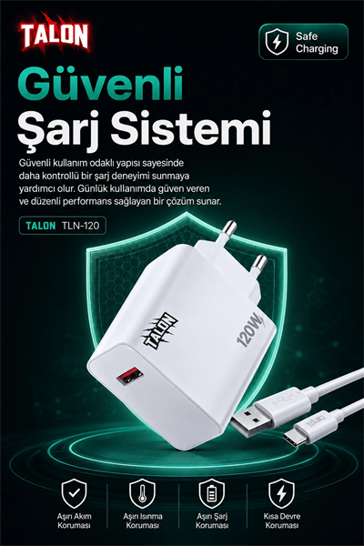 120W Hızlı Şarj Adaptörü Ve Kablo Seti Akıllı Çipli Güvenli Şarj Özellikli